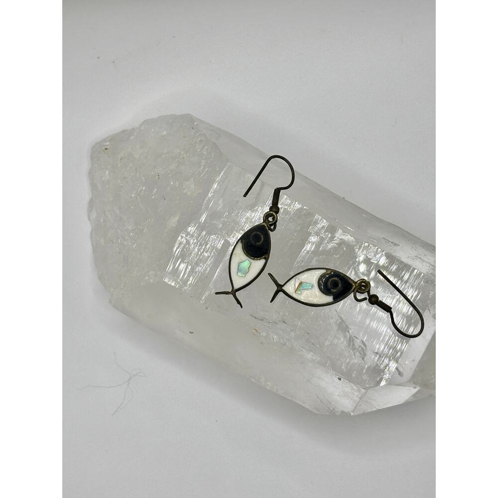 Inlay Fish Dangle Earrings - Enamel and Mother of Pearl